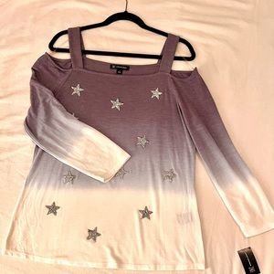 INC cold shoulder top in dip-dye soft blue colors and glittery stars